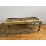 CHINESE STYLE LACQUER & HARDSTONE INSET PANEL COFFEE TABLE 20TH CENTURY, 41cm high, 117cm wide, 44cm