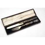FINE GEORGE IV SILVER GILT AGATE BOXED FRUIT KNIFE AND FORKWILLIAM CHAWNER, LONDON 1829with