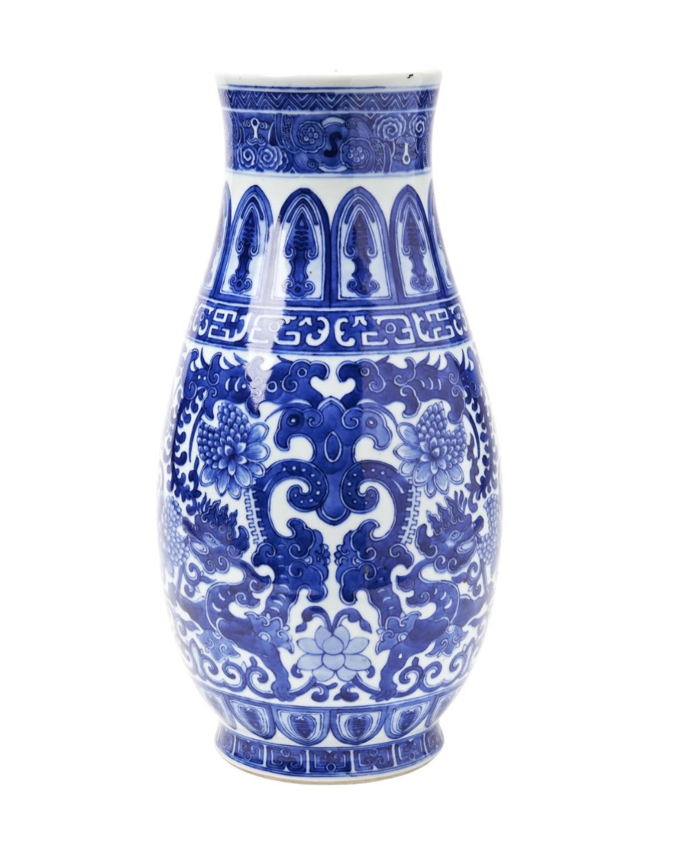 FINE BLUE AND WHITE 'DRAGON AND LOTUS' VASE  YONGZHENG SEAL MARK, GUANGXU PERIOD the baluster sides 