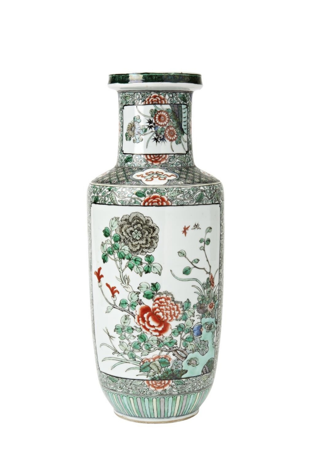 FAMILLE VERTE ROULEAU VASE&nbsp; LATE QING DYNASTY the sides painted with panels of blossoming branc