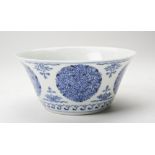 BLUE AND WHITE 'MEDALLION' BOWL the sides painted in tones of underglaze blue with leafy medallions,