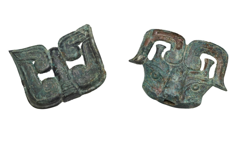 TWO ARCHAIC BRONZE TAOTIE MASK HARNESS ORNAMENTS&nbsp;HAN DYNASTY WARRING STATES&nbsp; 8cm and 9cm w