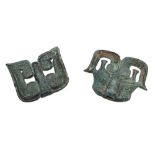 TWO ARCHAIC BRONZE TAOTIE MASK HARNESS ORNAMENTS HAN DYNASTY WARRING STATES  8cm and 9cm wide