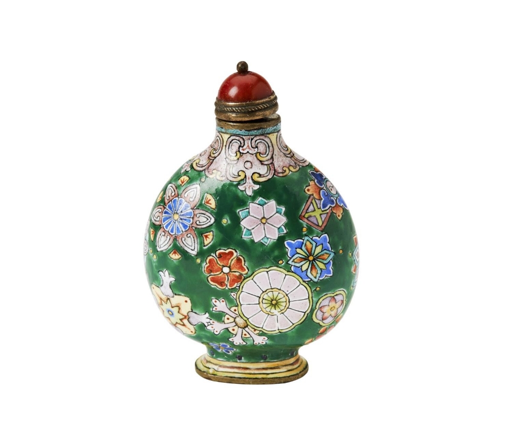 FINE ENAMEL 'MILLEFLEUR' SNUFF BOTTLE QIANLONG FOUR CHARACTER MARK AND POSSIBLY OF THE PERIOD finely