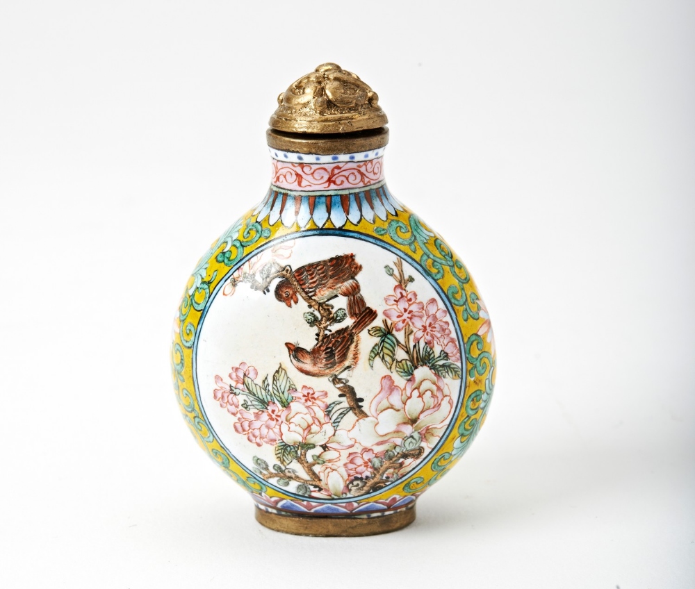 ENAMMELED GLASS 'BIRDS AND FLOWERS' SNUFF BOTTLE&nbsp; QIANLONG FOUR CHARACTER MARK AND POSSIBLY OF 