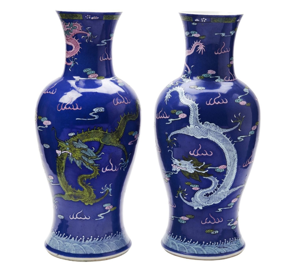 PAIR OF POWDER BLUE-GROUND FAMILLE ROSE ENAMEL DECORATED 'DRAGON' VASES QING DYNASTY, 19TH CENTURY t