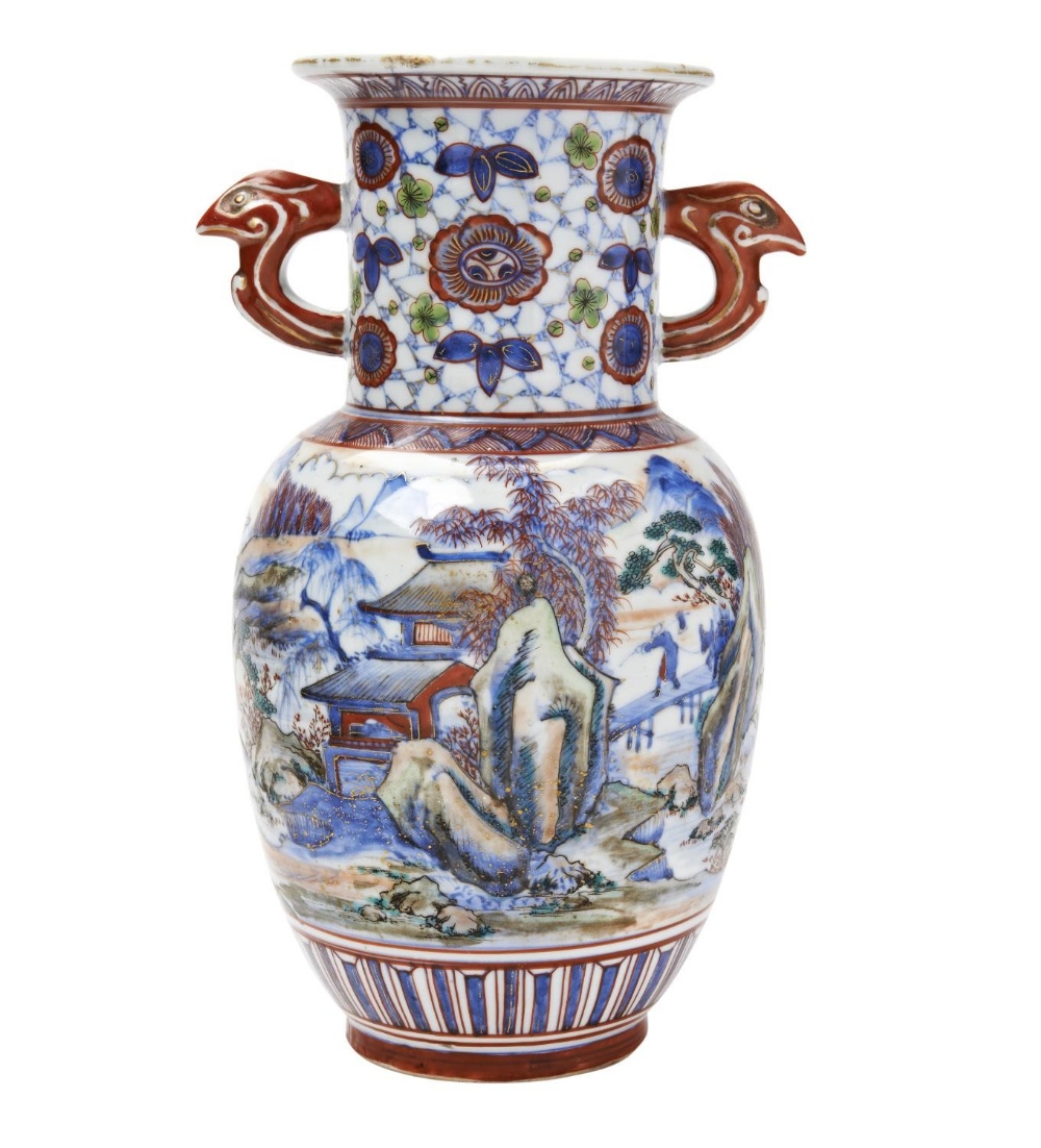 IRON-RED AND UNDERGLAZE BLUE 'LANDSCAPE' VASE KANGXI PERIOD the baluster sides decorated with a cont