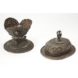 SILVER KAPALA COVER AND STAND TIBET, 19TH CENTURY with repousse decoration  stand, 13cm high,