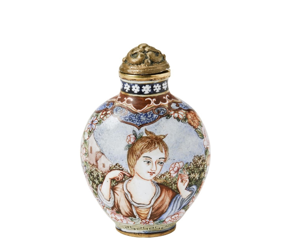 FINE BEIJING ENAMEL 'EUROPEAN SUBJECT' SNUFF BOTTLE QIANLONG FOUR CHARACTER MARK AND POSSIBLY OF THE