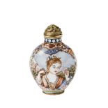 FINE BEIJING ENAMEL 'EUROPEAN SUBJECT' SNUFF BOTTLE QIANLONG FOUR CHARACTER MARK AND POSSIBLY OF THE