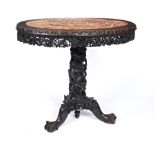 FINE CARVED 'ZITAN' MARBLE INSET CONSOLE TABLE QING DYNASTY the oval top inset with a marble