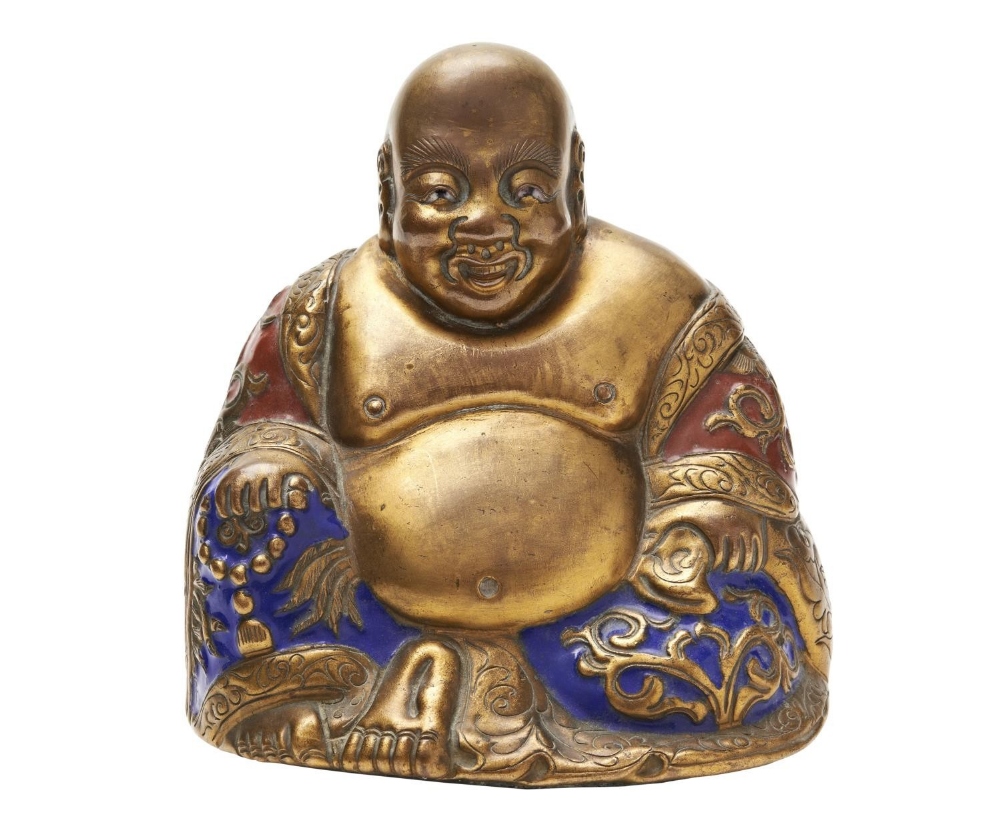 GILT-COPPER ALLOY AND ENAMEL 'LAUGHING' BUDDHA QING DYNASTY the seated figure with a joyful expressi