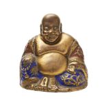GILT-COPPER ALLOY AND ENAMEL 'LAUGHING' BUDDHA QING DYNASTY the seated figure with a joyful