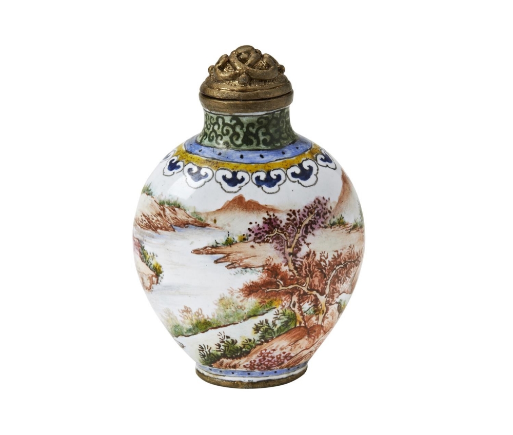 ENAMEL 'LANDSCAPE' SNUFF BOTTLE QIANLONG FOUR CHARACTER MARK AND POSSIBLY OF THE PERIOD the ovoid si