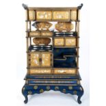 UNUSUAL JAPANESE BLUE LACQUER AND SHIBAYAMA  CABINET MEIJI PERIOD with an arrangement of open