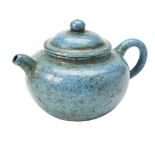 ROBINS EGG-GLAZED YIXING TEA POT QING OR LATER the baluster sides covered in a rich mottled-