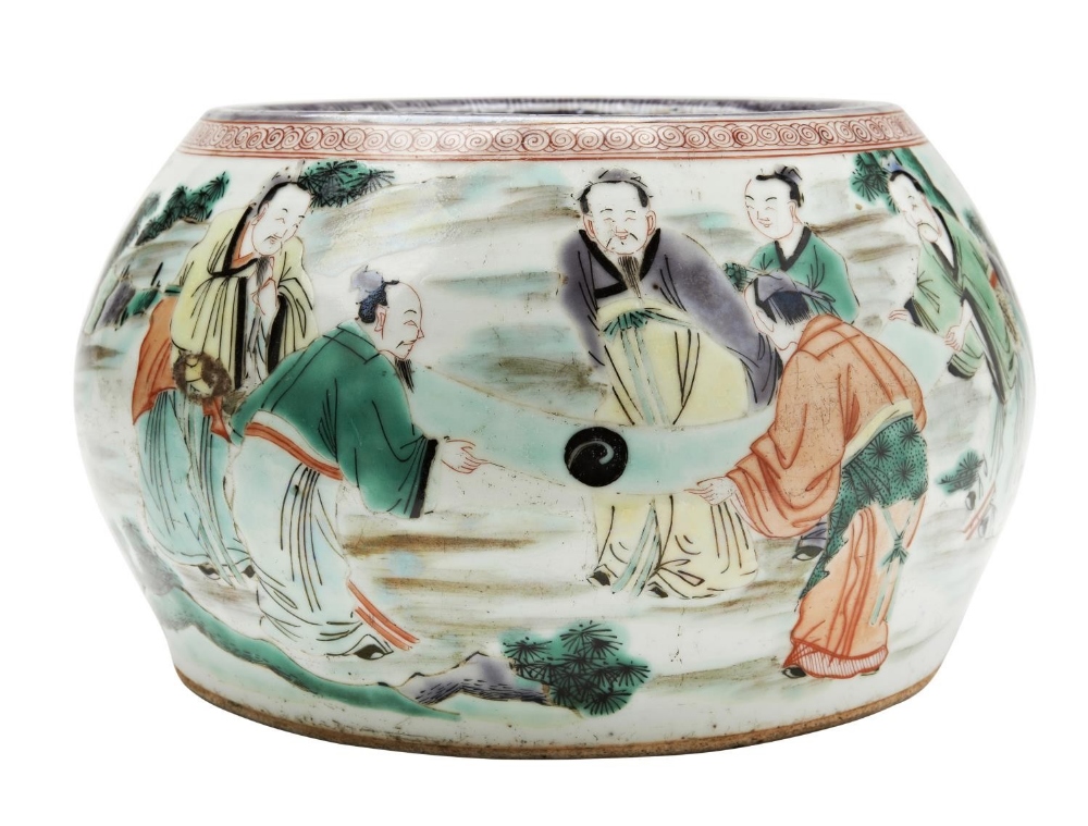 FAMILLE VERTE BOWL  TRANSITIONAL PERIOD the sides painted with scholars in a fenced garden with tree