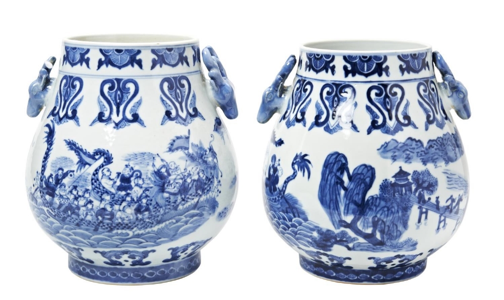 PAIR OF BLUE AND WHITE HU-FORM VASES GUANGXI SIX CHARACTER MARKS AND POSSIBLY OF THE PERIOD the side