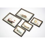 FIVE PITH PAPER PAINTINGS LATE QING DYNASTY depicting boats 18cm high, 29cm wide, 10cm high, 15cm