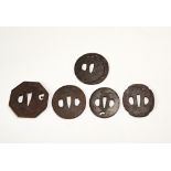 GROUP OF FIVE JAPANESE IRON TSUBA EDO PERIOD largest, 7cm wide, smallest, 5.5cm wide