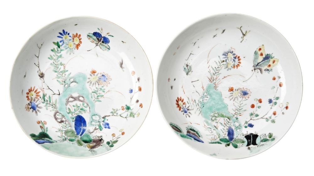 PAIR OF DOUCAI DECORATED DISHES KANGXI SIX CHARACTER MARKS AND OF THE PERIOD each painted with butte