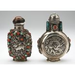 TWO TIBETAN SILVER AND HARDSTONE SNUFF BOTTLES LATE 19TH CENTURY each set with turquoise and