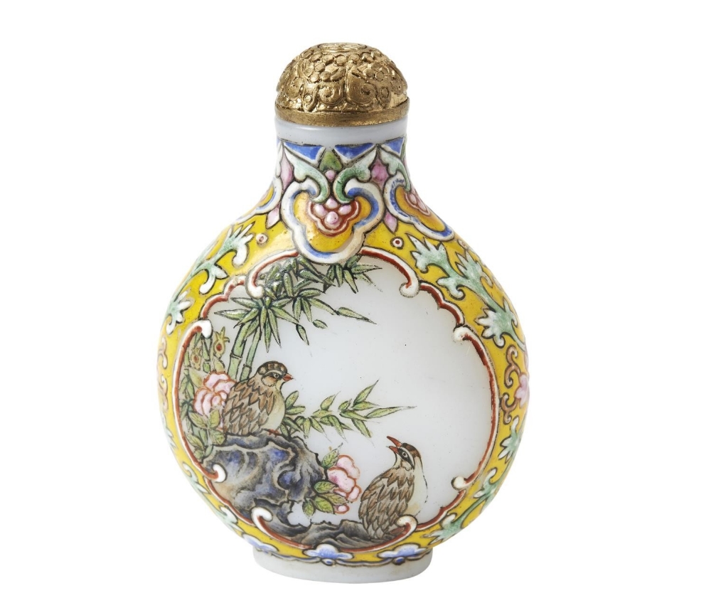 MATCHED PAIR OF FINE 'BIRDS AND FLOWERS' ENAMEL SNUFF BOTLLES&nbsp; QIANLONG FOUR CHARACTER MARKS AN