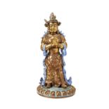 RARE IMITATION BRONZE AND ROBINS EGG-GLAZED AND GILT STANDING BODHISATTVA QING DYNASTY, 18TH /