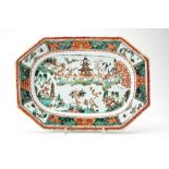 FAMILLE VERTE OCTAGONAL DISH KANGXI painted with pagodas in walled gardens within a band of birds