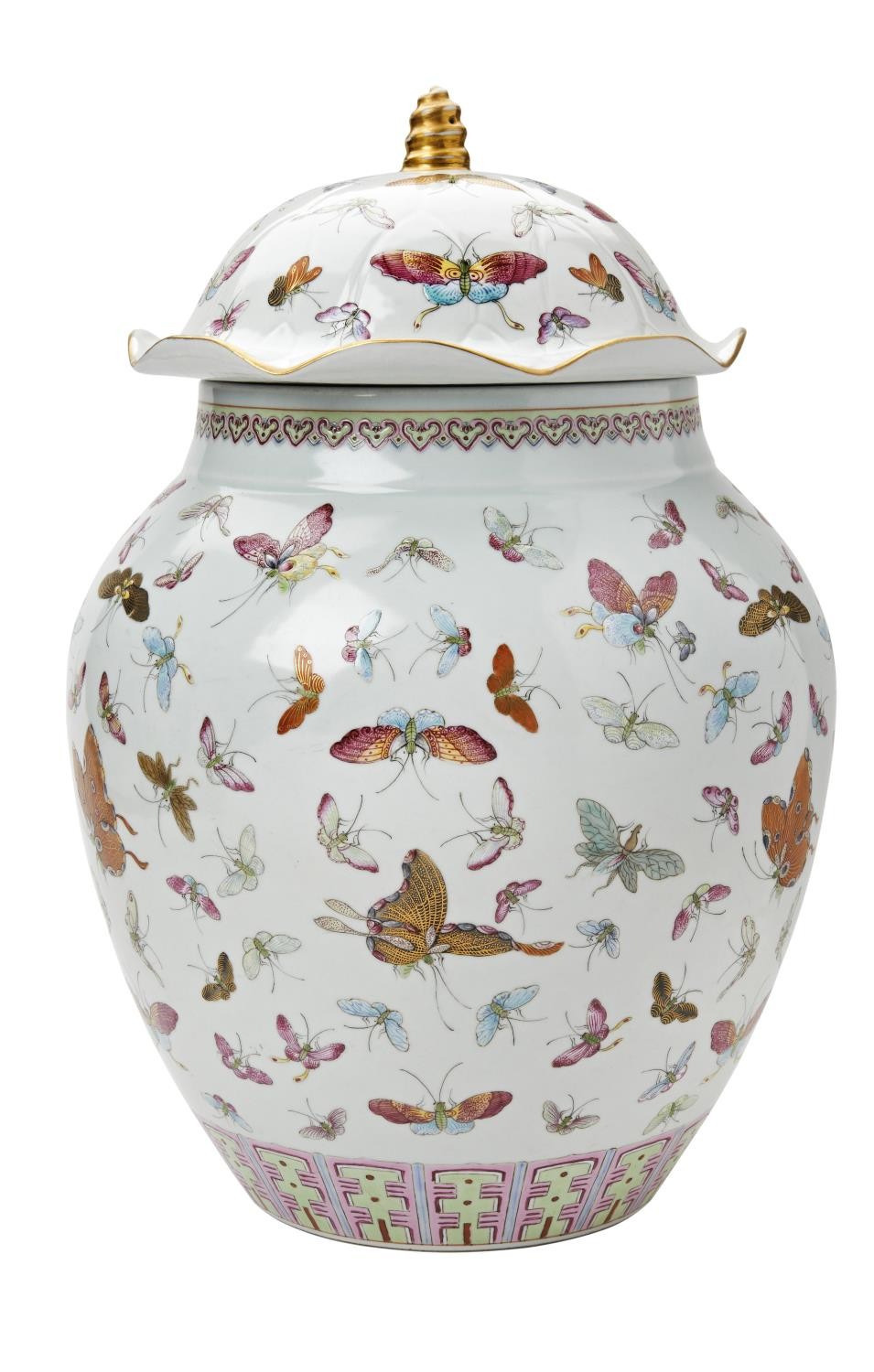 LARGE FAMILLE ROSE 'BUTTERFLY' JAR AND COVER GUANGXU SIX CHARACTER MARK BUT LATER of ovoid form with