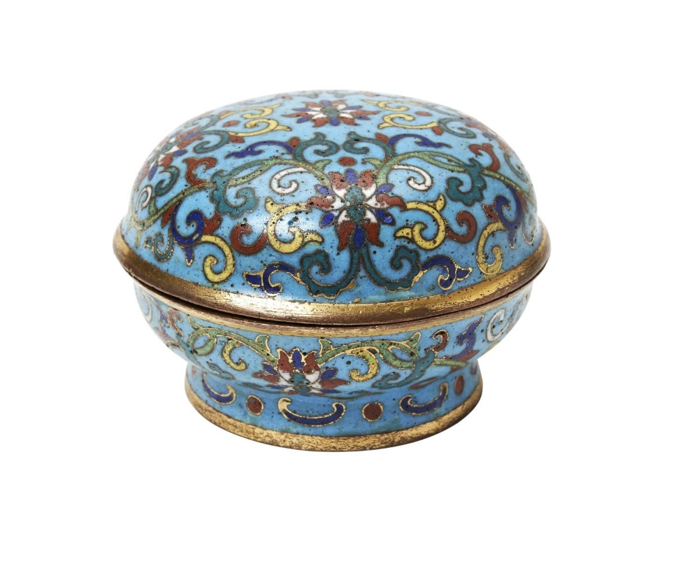 SMALL CLOISONNE ENAMEL 'LOTUS' BOX AND COVER  QIANLONG FIVE CHARACTER MARK AND OF THE PERIOD the rou