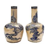 PAIR OF KOREAN BLUE AND WHITE BOTTLE VASES 17TH / 18TH CENTURY the sides painted in tones of