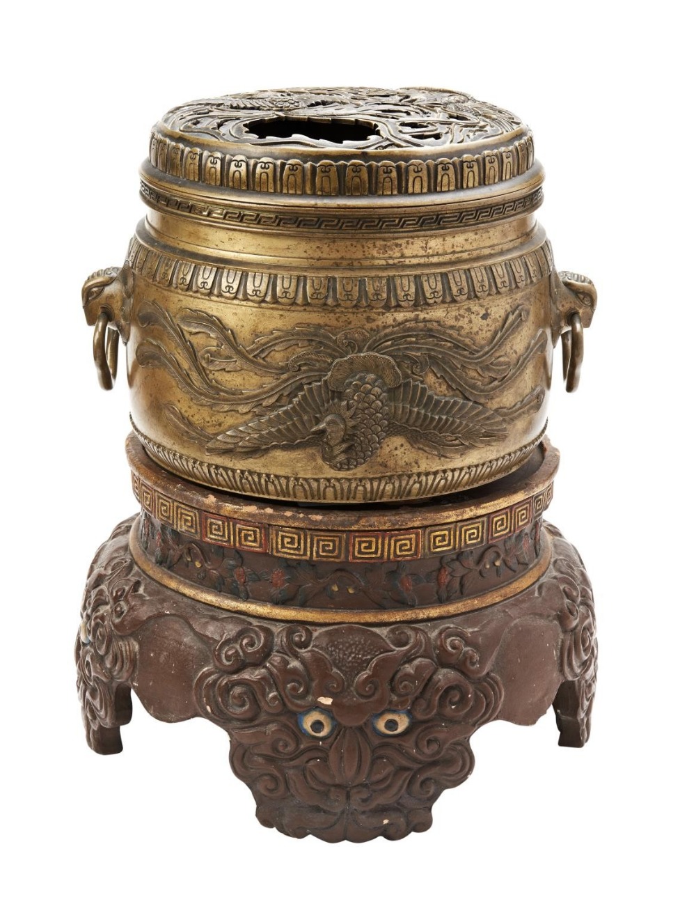 LARGE JAPANESE BRONZE CENSER AND POTTERY STAND LATE EDO / MEIJI PERIOD the sides with twin mythical 