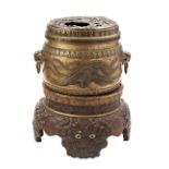 LARGE JAPANESE BRONZE CENSER AND POTTERY STAND LATE EDO / MEIJI PERIOD the sides with twin