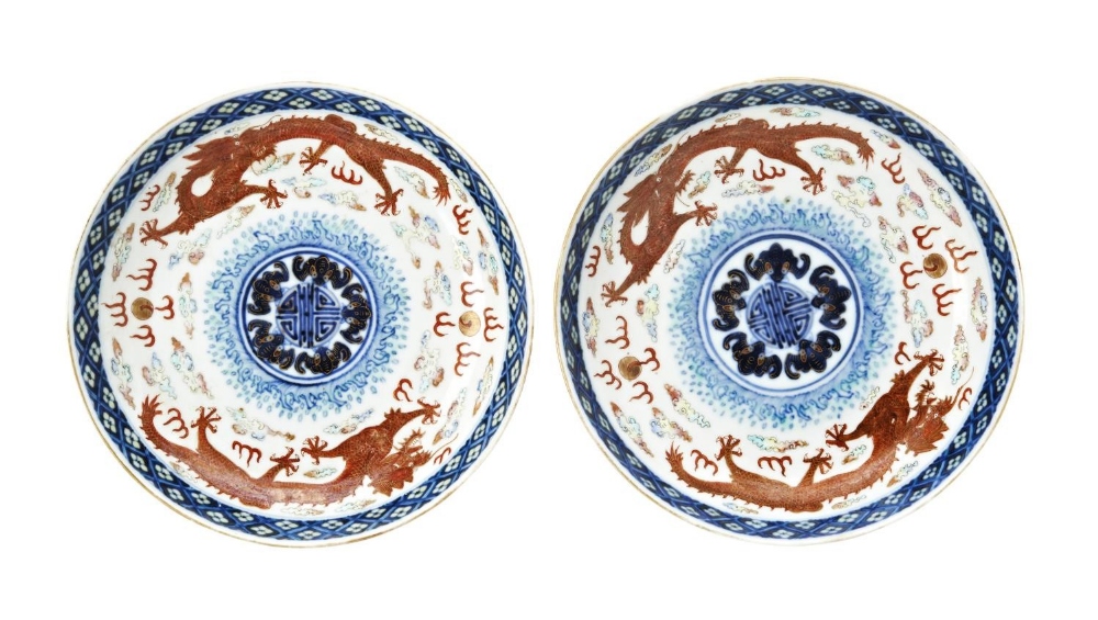 PAIR OF FAMILLE ROSE AND UNDERGLAZE BLUE DISHES GUANGXU SIX CHARACTER MARKS AND OF THE PERIOD painte