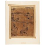 SILK EMBROIDERED PANEL MING OR EARLY QING depicting three figures on horseback 23cm wide, 30cm