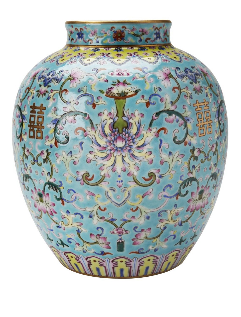 FAMILLE ROSE TURQUOISE-GROUND VASE DAOGUANG SEAL MARK BUT LATER painted&nbsp;on&nbsp;the turquoise g