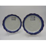 PAIR OF IMARI BLUE AND WHITE PLATES 18TH CENTURY relief pattern depicting Ox and wise man with a
