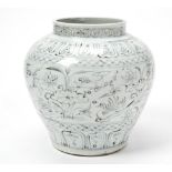 YUAN STYLE PORCELAIN JAR the sides painted in underglaze blue with ducks in a pond, between lappet