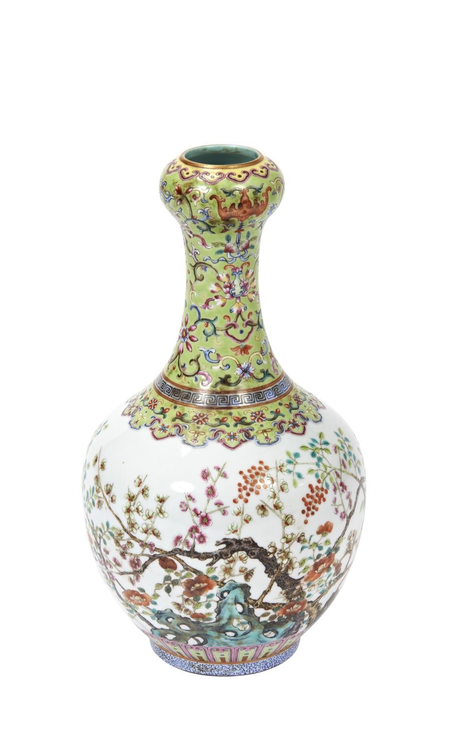 FAMILLE ROSE 'GARLIC MOUTH' VASE JIAQING SEAL MARK BUT LATER the baluster body painted with a flower