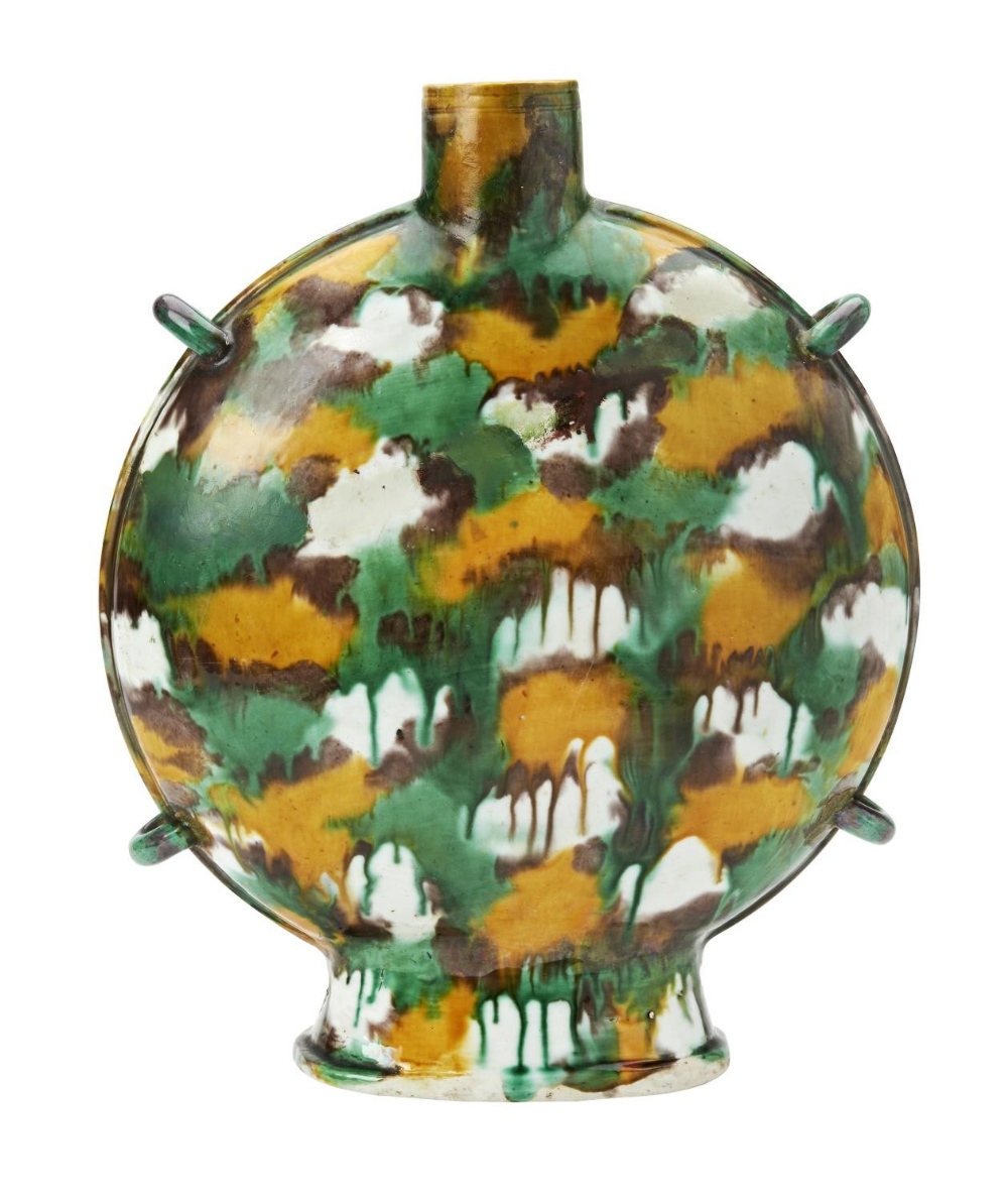 SANCAI-GLAZED MOONFLASK  KANGXI PERIOD  the flattened ovoid sides freely splashed with yellow,