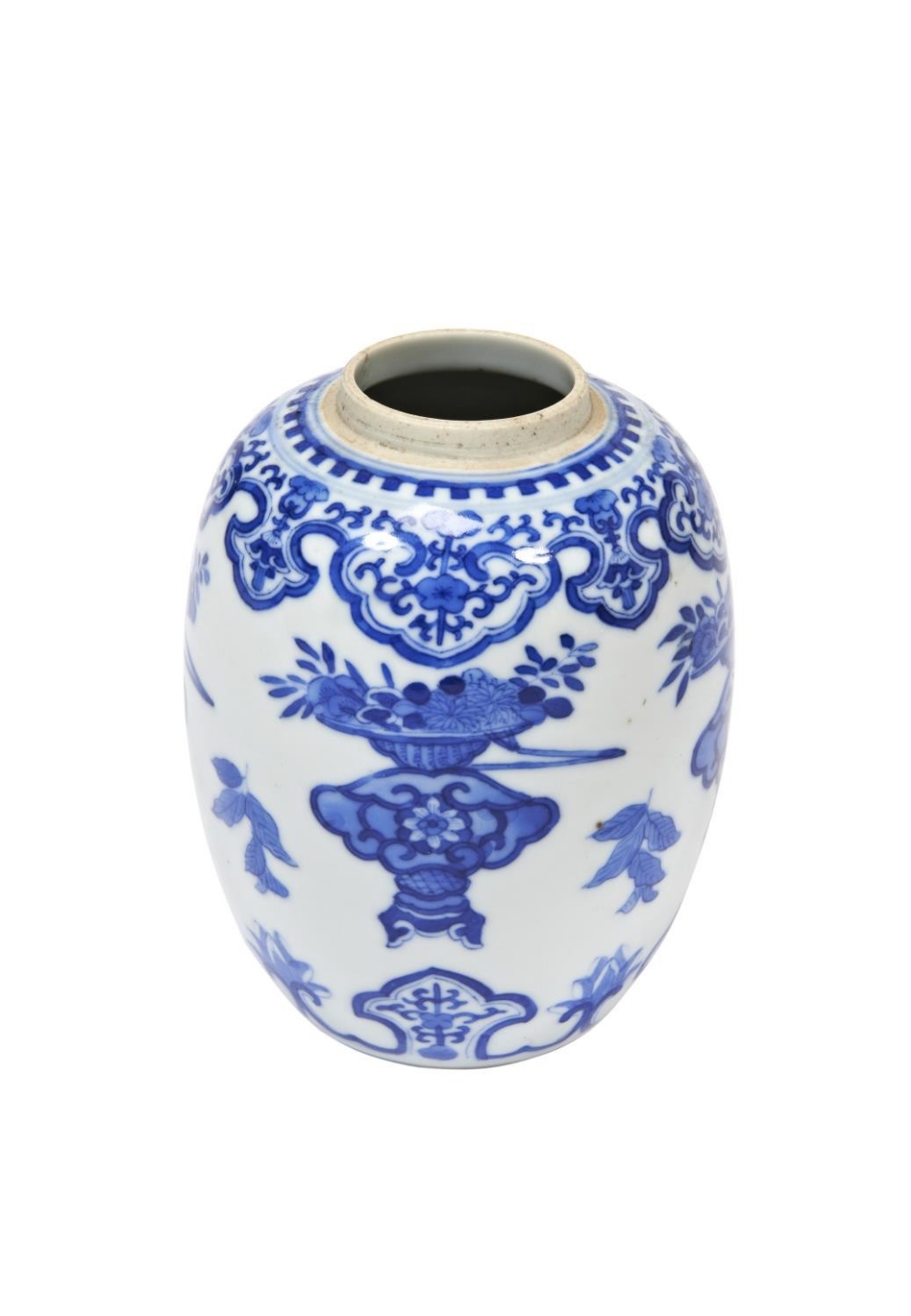 SMALL BLUE AND WHITE GINGER JAR  KANGXI PERIOD the sides painted in tones of underglaze blue with fl