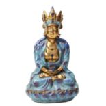 ROBINS EGG AND GILT-DECORATED FIGURE OF A SEATED BODISATTVA LATE QING DYNASTY seated in dhyanasana