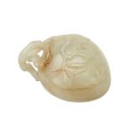 PALE CELADON JADE 'PEACH-FORM' BOX 20TH CENTURY naturalistically carved, the the stem interlinking