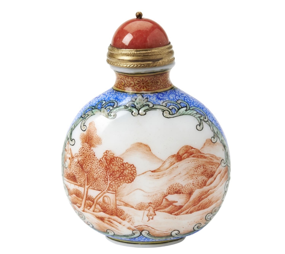 VERY RARE ENAMEL DECORATED SNUFF BOTTLE&nbsp; QIANLONG INCISED MARK AND POSSIBLY OF THE PERIOD the f