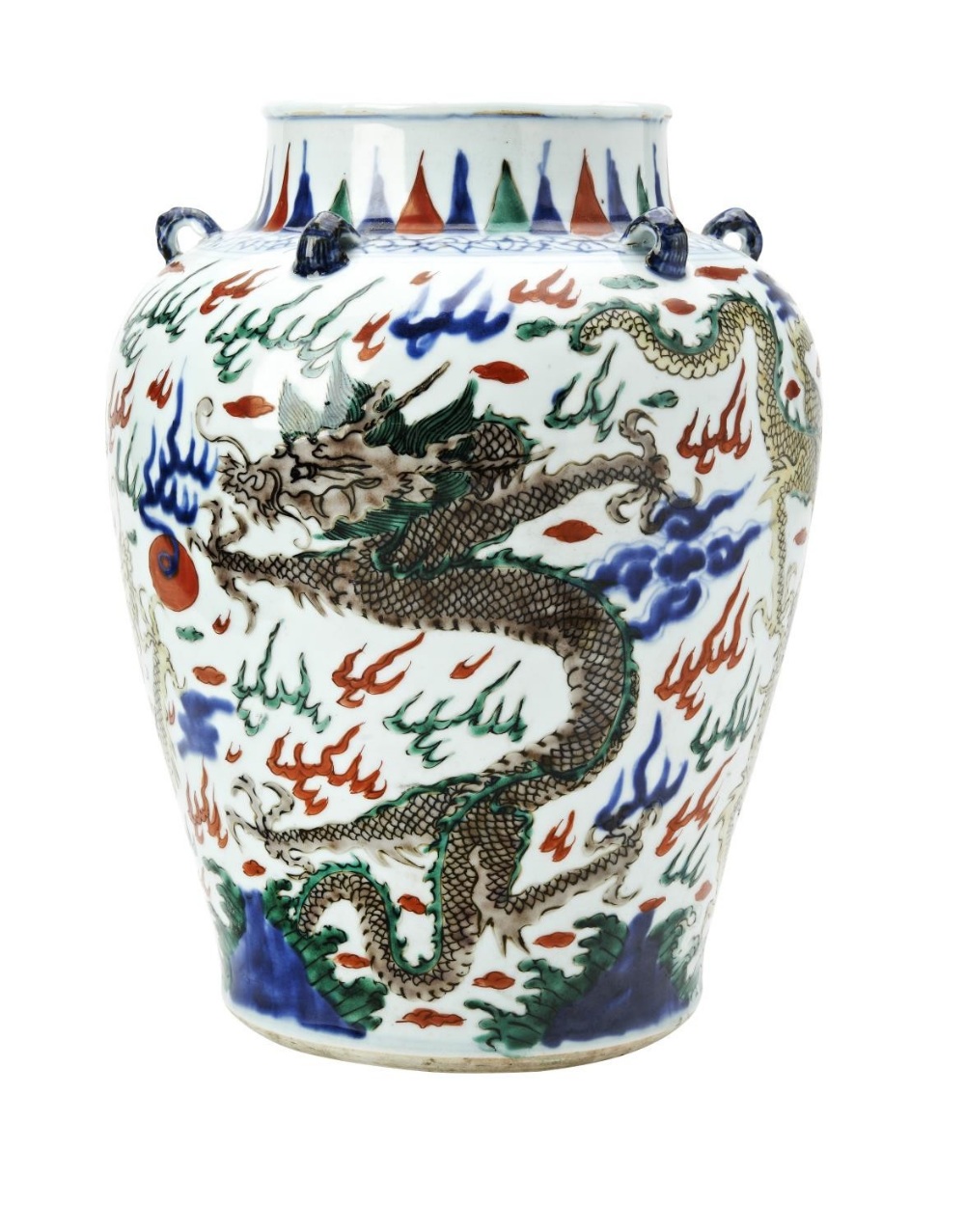 WUCAI 'DRAGON' JAR KANGXI PERIOD the baluster sides boldly painted in coloured enamels with