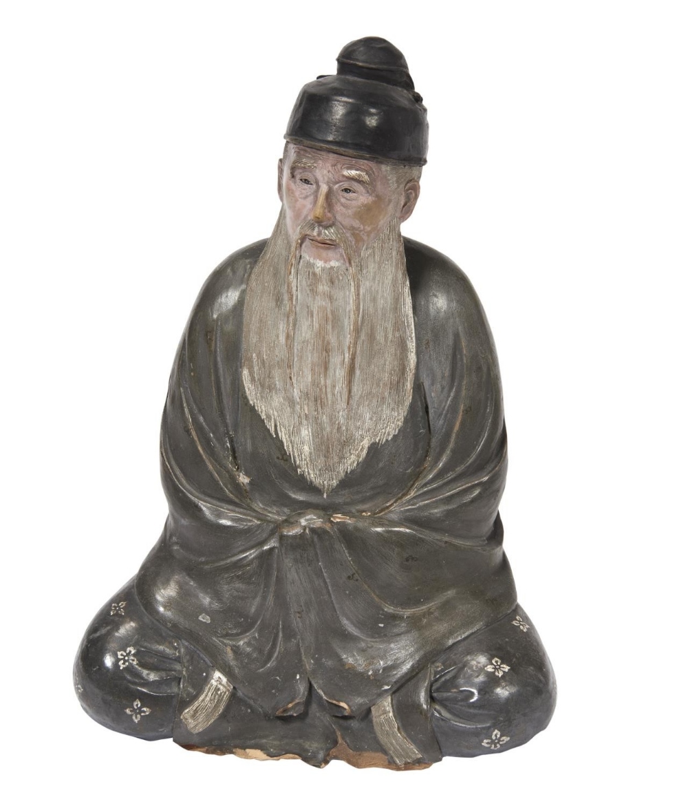 PAINTED POTTERY FIGURE OF CONFUCIOUS LATE QING / REPUBLIC PERIOD signed Tao Shan, modelled seated we