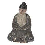 PAINTED POTTERY FIGURE OF CONFUCIOUS LATE QING / REPUBLIC PERIOD signed Tao Shan, modelled seated