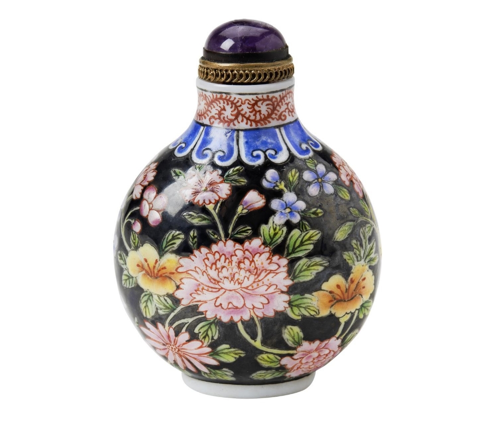 VERY RARE 'FAMILLE-NOIRE' GLASS SNUFF BOTTLE QIANLONG FOUR CHARACTER MARK AND POSSIBLY OF THE PERIOD