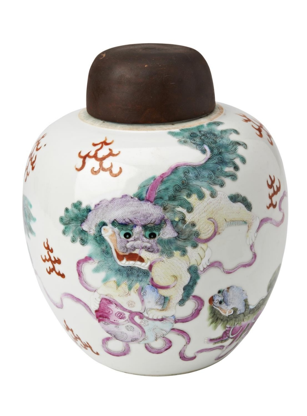 FINE FAMILLE ROSE 'BUDDHIST LIONS' GINGER JAR QING DYNASTY, 19TH CENTURY the baluster sides finely p